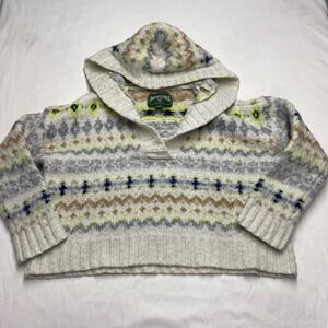 American Eagle Fair Isle Hooded Sweater Womens XS Cream Neon Knit Pullover  wool